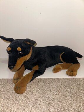 Vtg FINE TOY CO Doberman Pinscher Plush Dog Realistic Laying Stuffed Animal 24+"